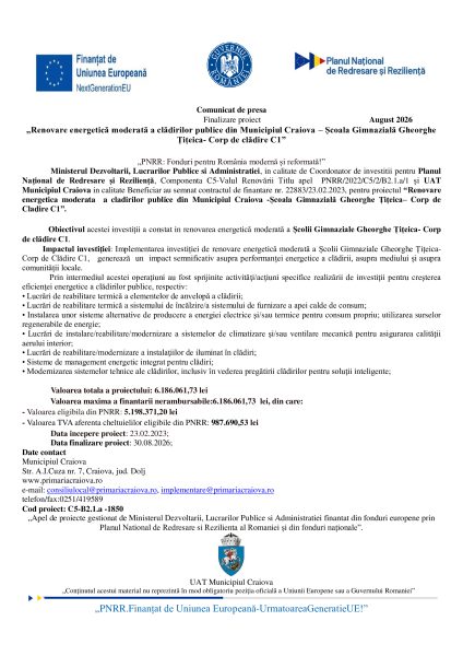 Comunicat de presă Ministerul Dezvoltarii, Lucrarilor Publice si Administratiei