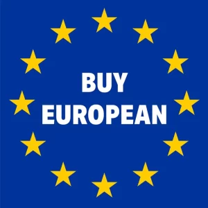 Blue EU-style graphic with yellow stars in a circle and large white text 'BUY EUROPEAN'.