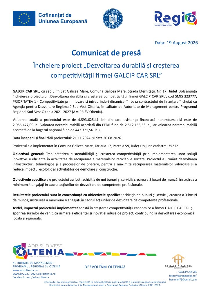 Official press release header with EU flag and Romanian logos; title 'Comunicat de presă', date 19 August 2026, and project details in Romanian text.
