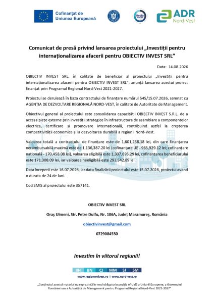 Comunicat de presă OBIECTIV INVEST SRL