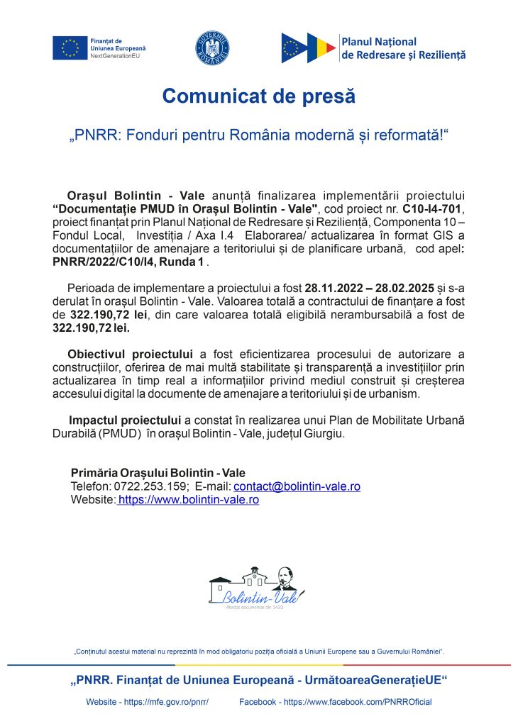 Official press release header with multiple logos (EU funds, Romanian government) and the title 'Comunicat de presă' announcing 'PNRR: Fonduri pentru România modernă și reformată!' in Romanian.
