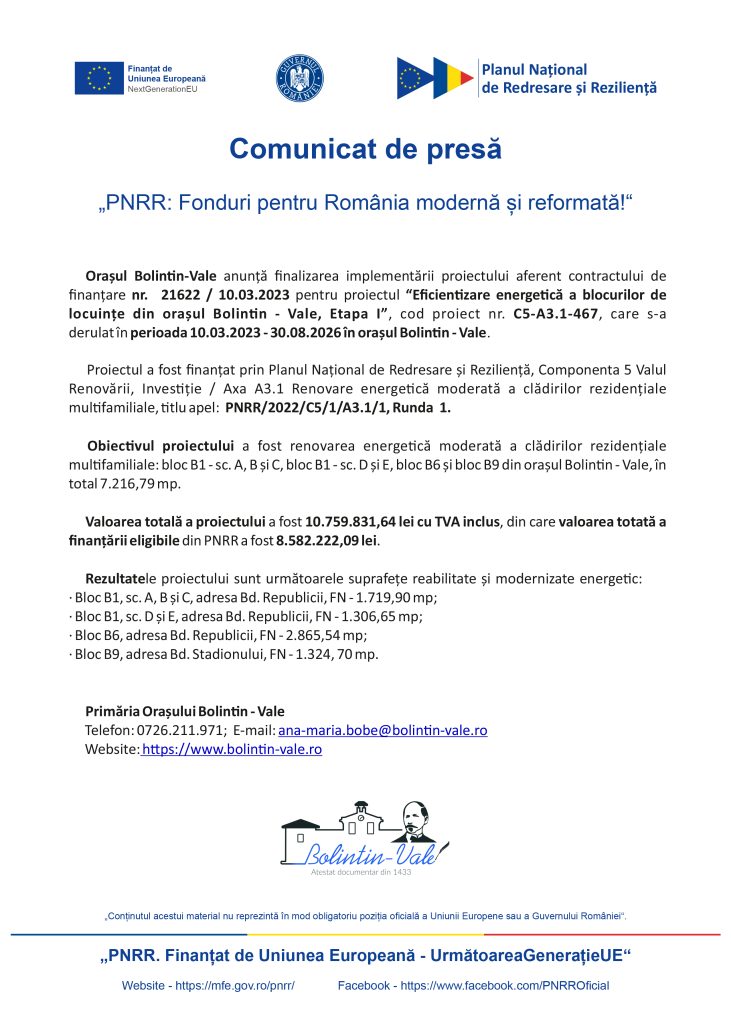 Press release header with EU and Romanian logos and title 'Comunicat de presă' about PNRR funds for Romania.
