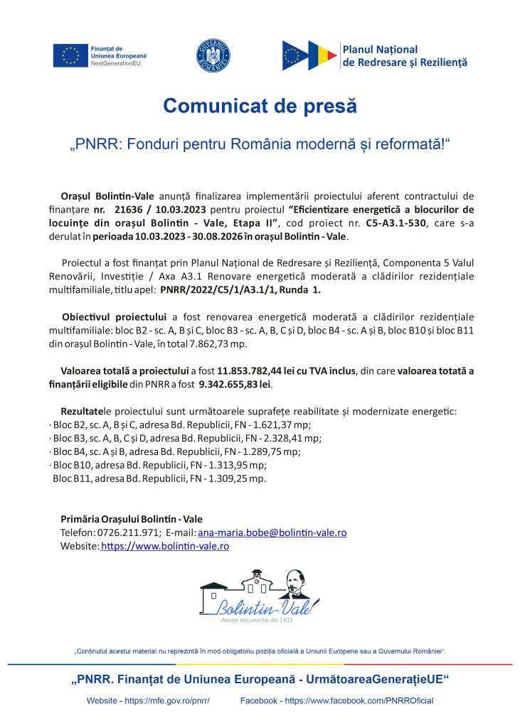 Press release page layout with EU and government logos at top, title 'Comunicat de presă' and subtitle 'PNRR: Fonduri pentru România modernă și reformată', followed by Romanian project details for Bolintin-Vale.