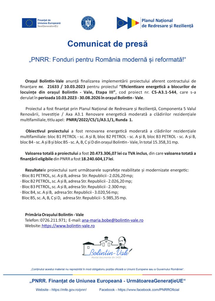 Official press release document header with EU and Romanian government logos and Romanian text about PNRR funds for modern, reformist Romania and energy-efficient housing in Bolintin-Valе.