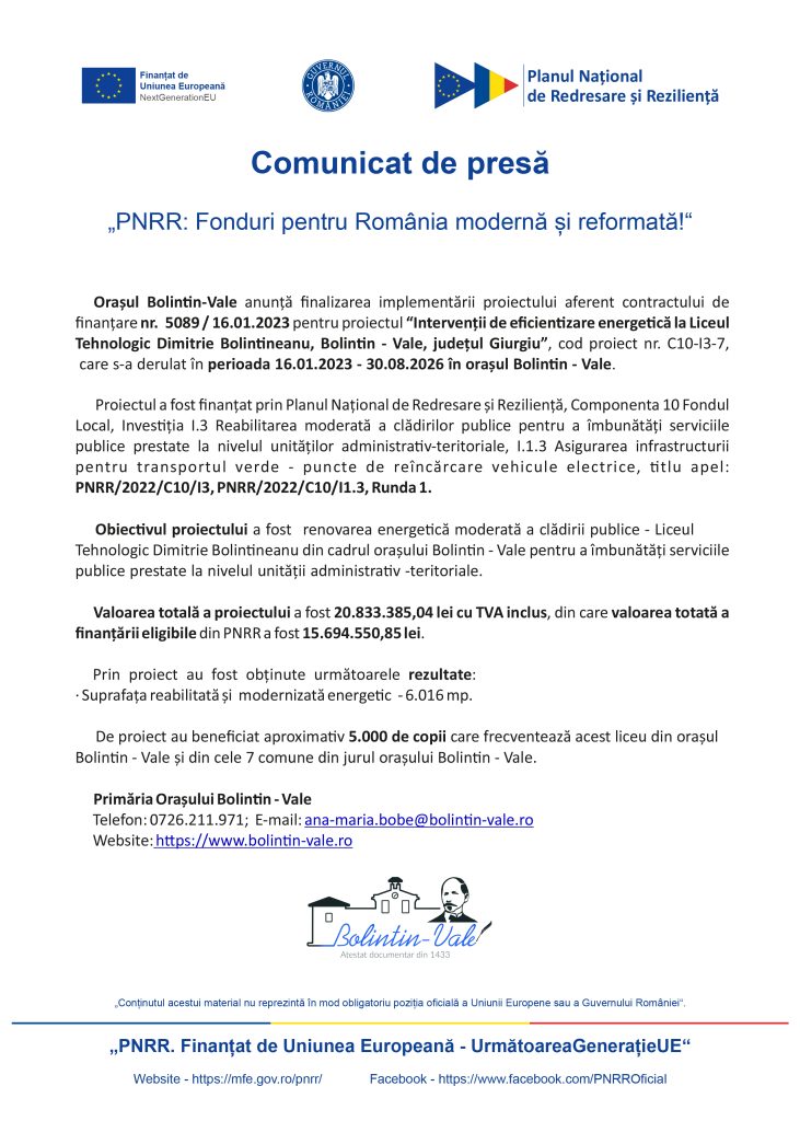 Official press release header with EU and Romanian logos and the title 'Comunicat de presă' about PNRR funding.