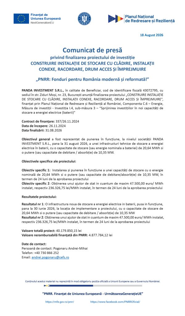 Press release header with logos and date (18 August 2026) for a project on creating storage facilities for energy in Romania