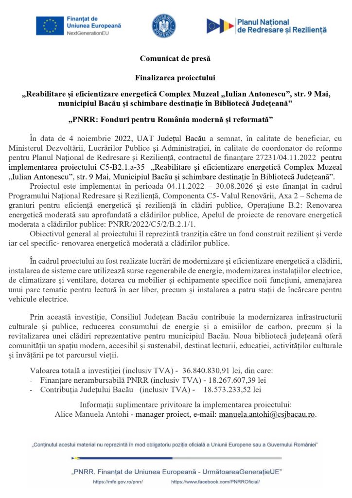 Official press release header featuring EU fund logos and Romanian government emblems, announcing project finalization in Bacau area (Romania).