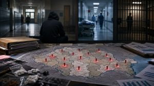 Hooded figure sits at a desk in a prison hallway, a large map with red pins and scattered folders, pills, and papers nearby.