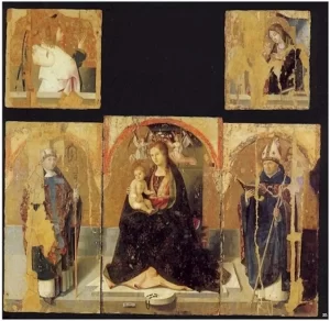 Fragmented medieval panel showing Madonna and Child in the center, with saints on either side and smaller panels above.