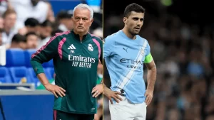 Split-screen: José Mourinho in a green Real Madrid training top on the left, a Manchester City player in light blue on the right.