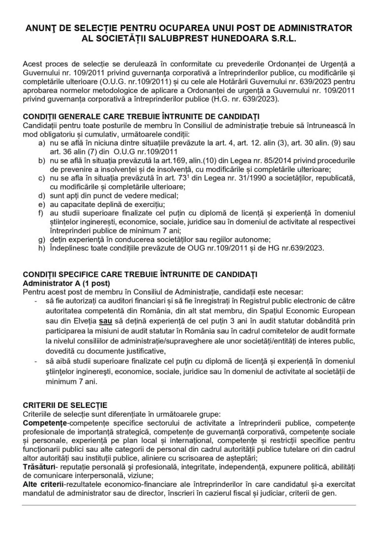 Comunicat de presă SALUBPREST HUNEDOARA SRL