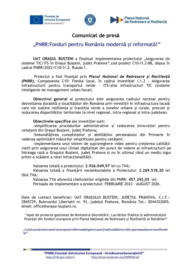 Comunicat de presă UAT Orașul Bușteni