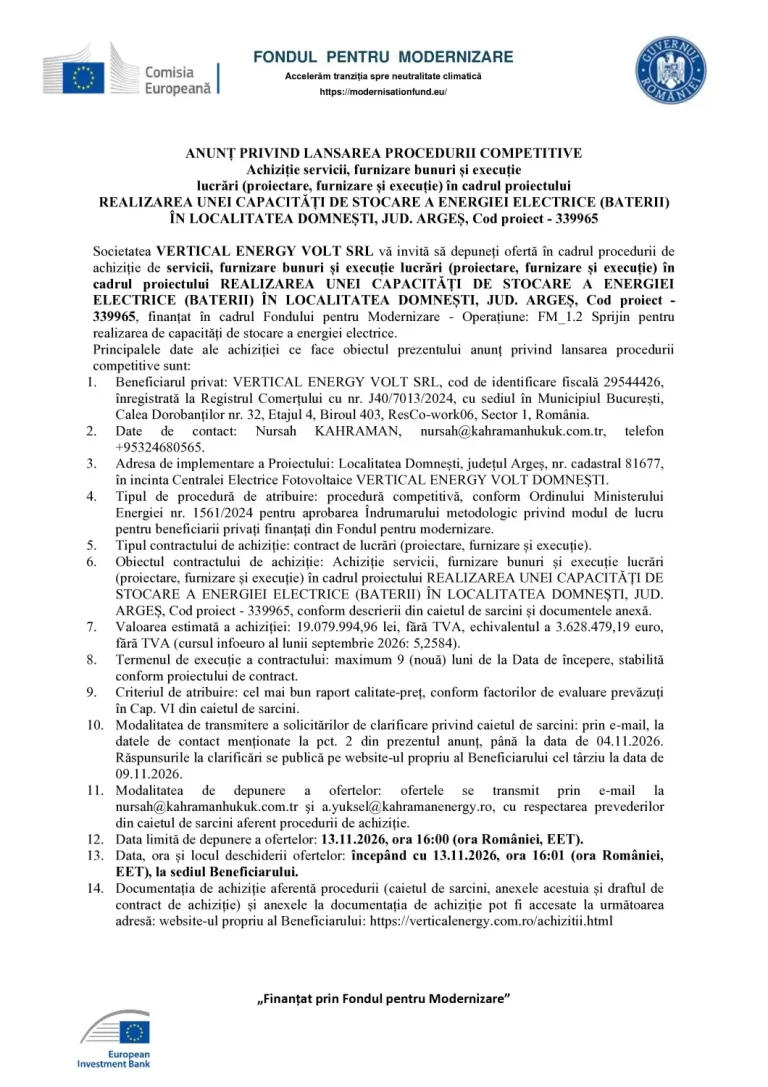 Anunț de presă VERTICAL ENERGY VOLT SRL