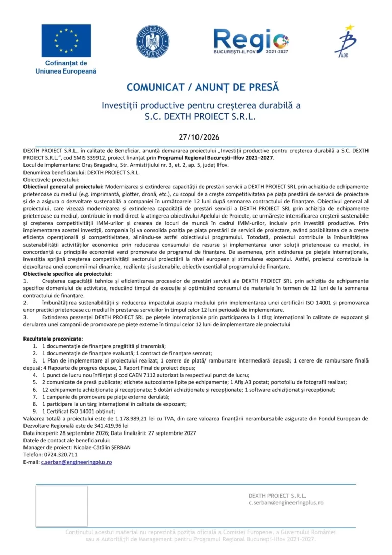 Comunicat de presă DEXTH PROIECT S.R.L.