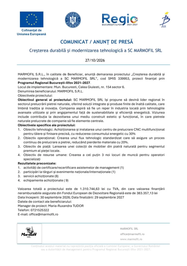 Comunicat de presă MARMOFIL S.R.L.