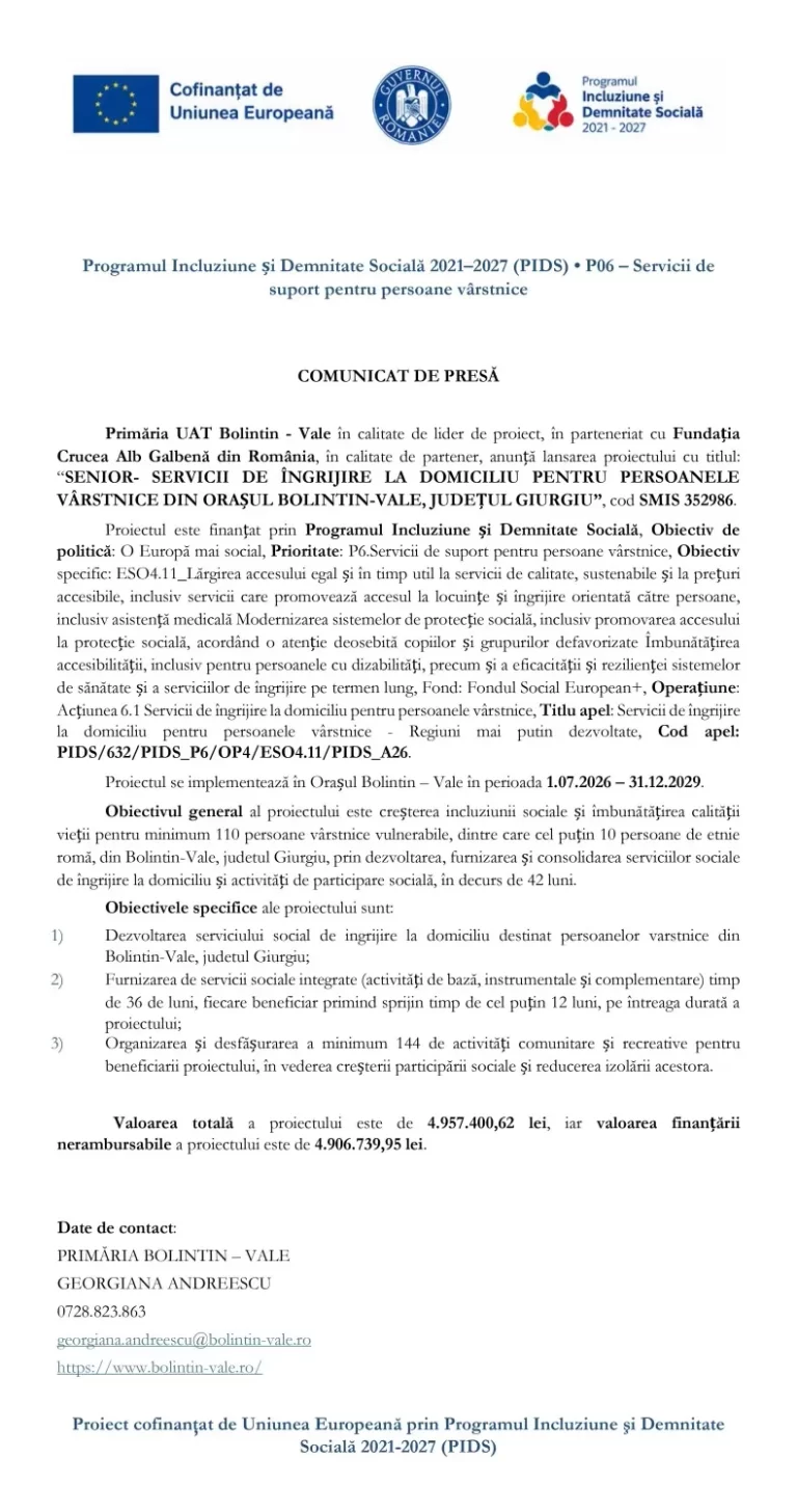 Comunicat de presă Primăria UAT Bolintin – Vale