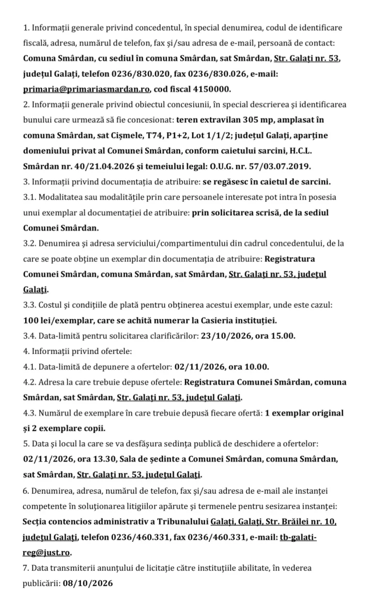 Anunț licitație Comuna Smârdan
